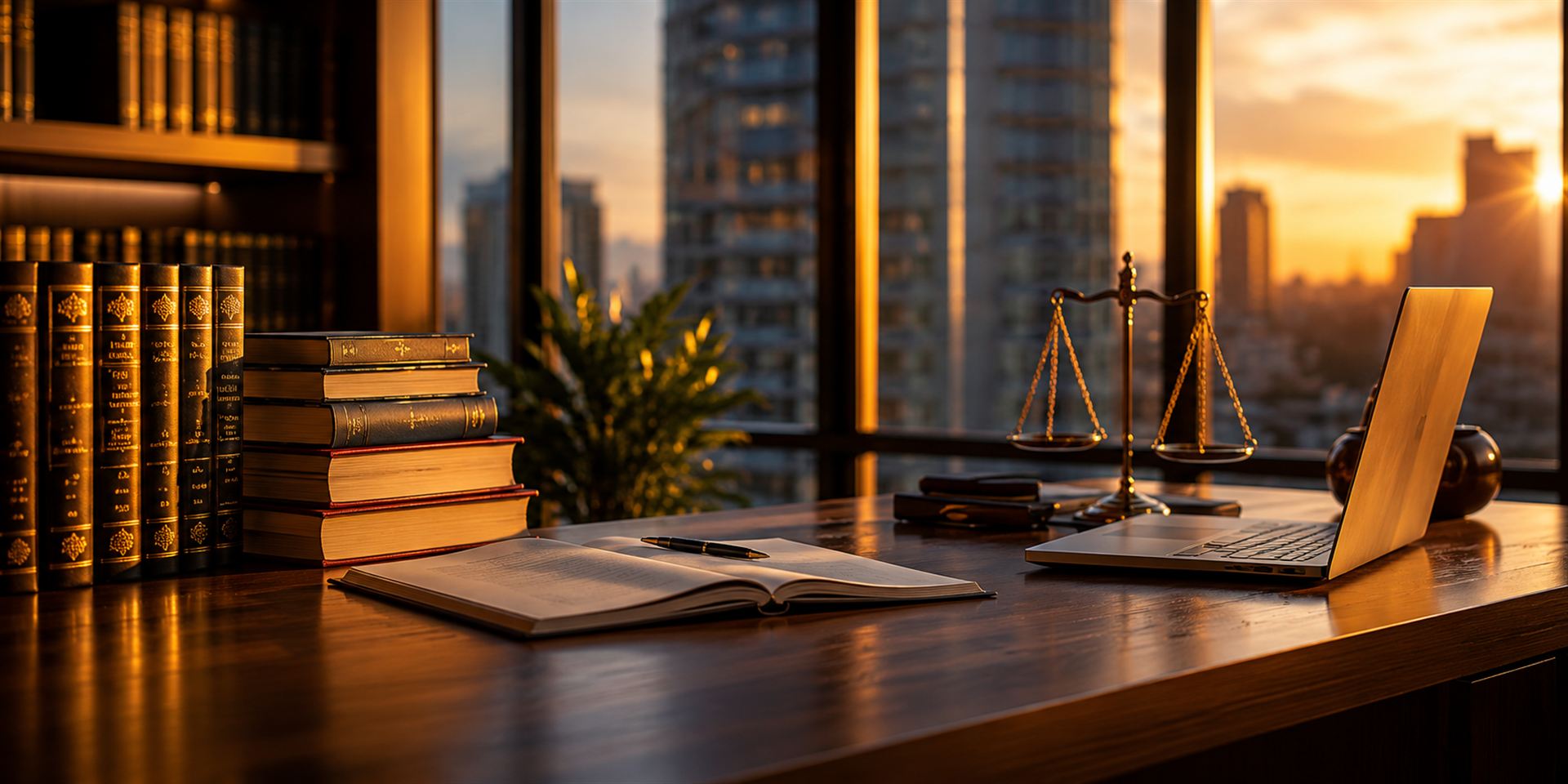 Mesa de trabalho do escritório com livros jurídicos, balança da justiça e laptop